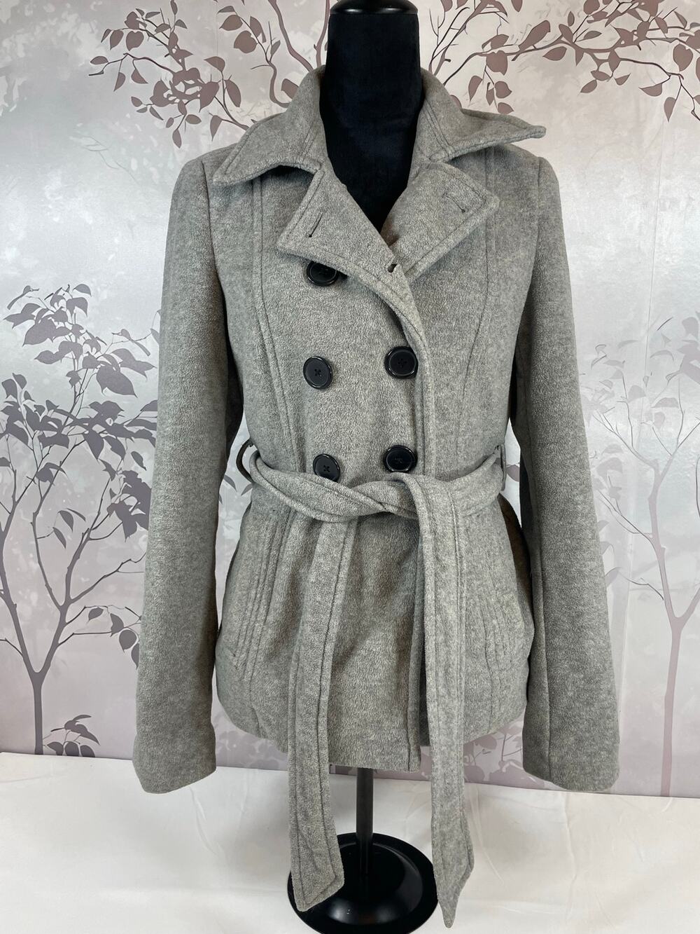 Old Navy Double Breasted Belted Peacoat Short Jacket Heather Light Grey Medium M